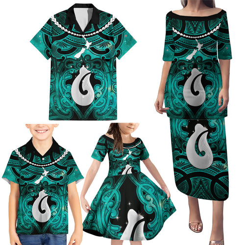 Personalised Maori Matariki Hei Matau Turquoise Family Matching Puletasi and Hawaiian Shirt Maori Kowhaiwhai Pattern Galaxy