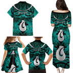Personalised Maori Matariki Hei Matau Turquoise Family Matching Puletasi and Hawaiian Shirt Maori Kowhaiwhai Pattern Galaxy