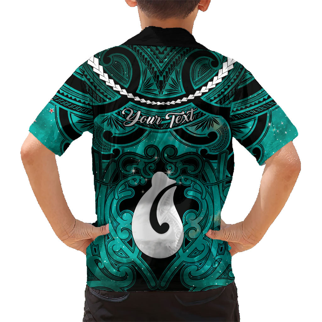 Personalised Maori Matariki Hei Matau Turquoise Family Matching Short Sleeve Bodycon Dress and Hawaiian Shirt Maori Kowhaiwhai Pattern Galaxy