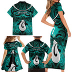 Personalised Maori Matariki Hei Matau Turquoise Family Matching Short Sleeve Bodycon Dress and Hawaiian Shirt Maori Kowhaiwhai Pattern Galaxy