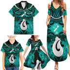 Personalised Maori Matariki Hei Matau Turquoise Family Matching Summer Maxi Dress and Hawaiian Shirt Maori Kowhaiwhai Pattern Galaxy