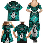Personalised Maori Matariki Hei Matau Turquoise Family Matching Summer Maxi Dress and Hawaiian Shirt Maori Kowhaiwhai Pattern Galaxy