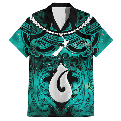 Personalised Maori Matariki Hei Matau Turquoise Hawaiian Shirt Maori Kowhaiwhai Pattern Galaxy
