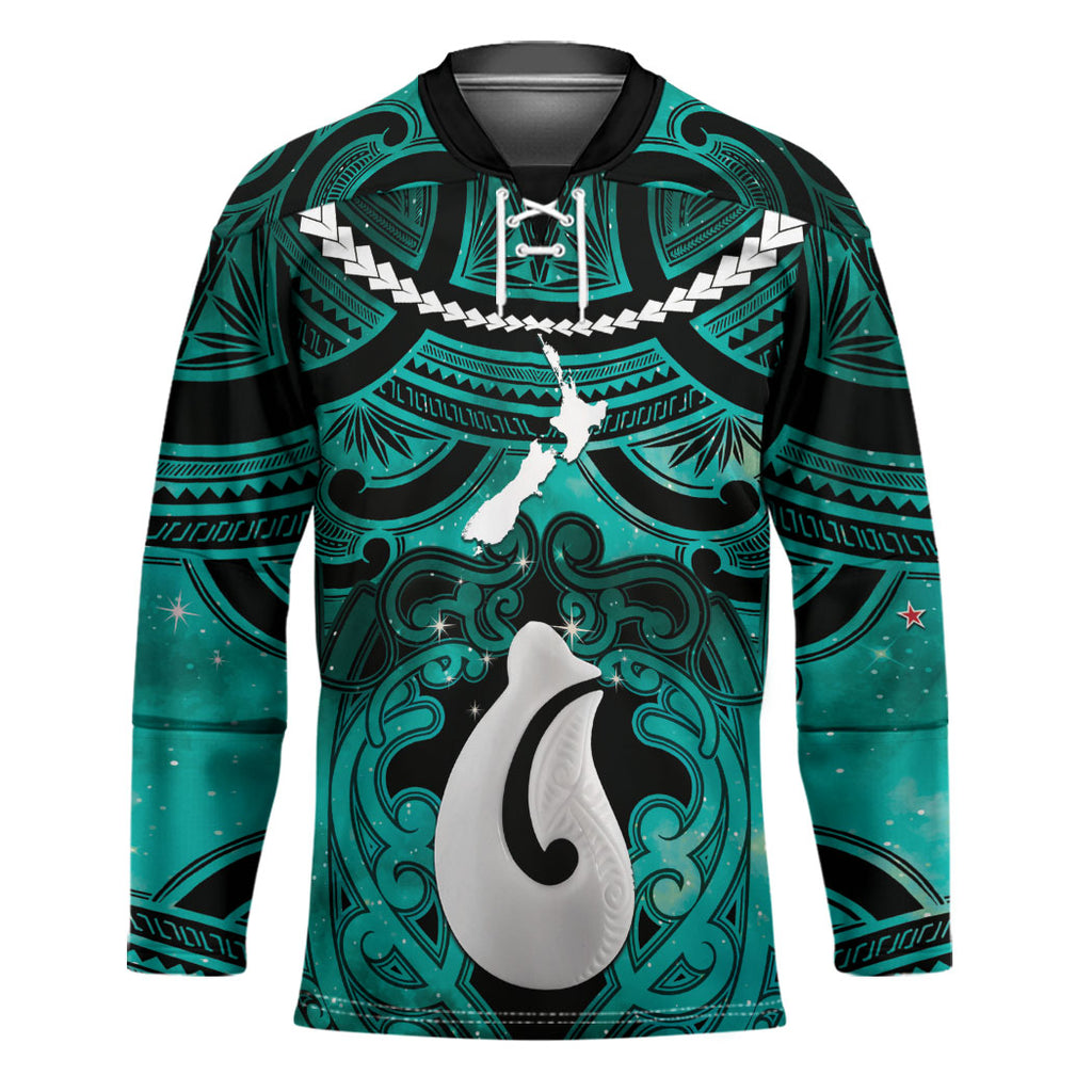 Personalised Maori Matariki Hei Matau Turquoise Hockey Jersey Maori Kowhaiwhai Pattern Galaxy