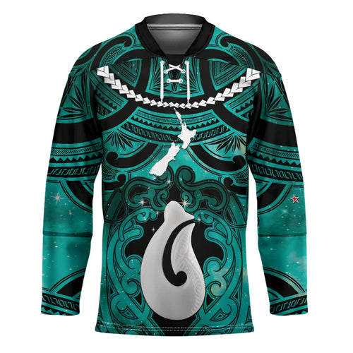 Personalised Maori Matariki Hei Matau Turquoise Hockey Jersey Maori Kowhaiwhai Pattern Galaxy