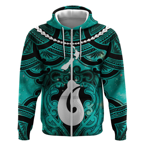 Personalised Maori Matariki Hei Matau Turquoise Hoodie Maori Kowhaiwhai Pattern Galaxy