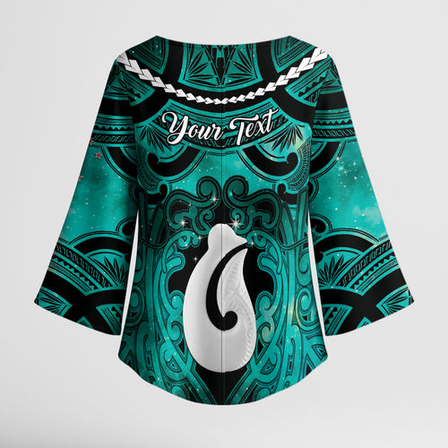 Personalised Maori Matariki Hei Matau Turquoise Kimono Sleeve Blouse Maori Kowhaiwhai Pattern Galaxy
