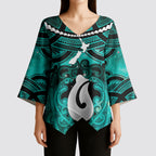 Personalised Maori Matariki Hei Matau Turquoise Kimono Sleeve Blouse Maori Kowhaiwhai Pattern Galaxy