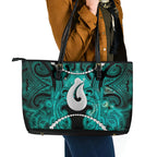 Maori Matariki Hei Matau Turquoise Leather Tote Bag Maori Kowhaiwhai Pattern Galaxy