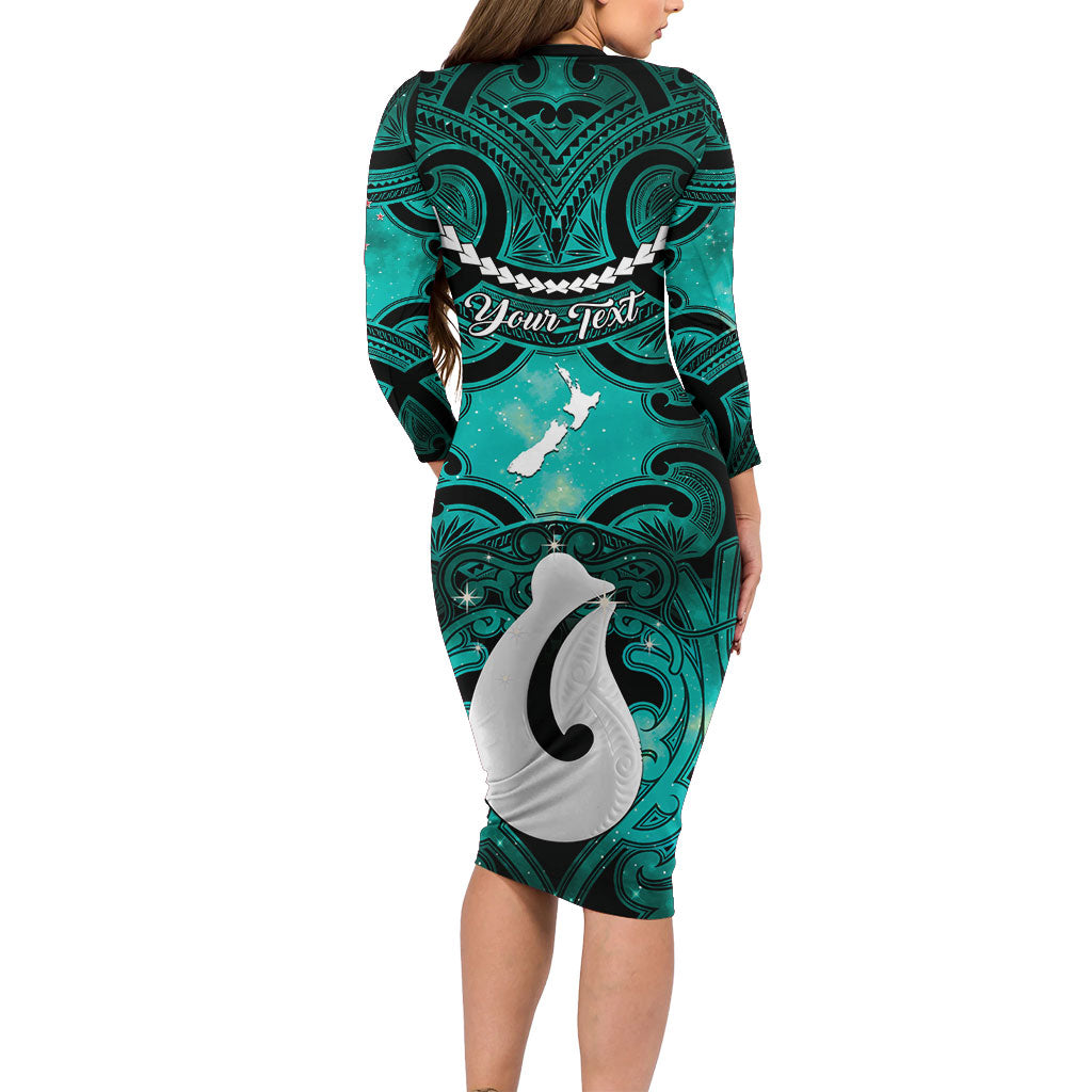 Personalised Maori Matariki Hei Matau Turquoise Long Sleeve Bodycon Dress Maori Kowhaiwhai Pattern Galaxy