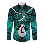 Personalised Maori Matariki Hei Matau Turquoise Long Sleeve Button Shirt Maori Kowhaiwhai Pattern Galaxy