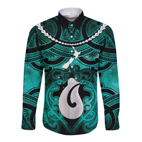 Personalised Maori Matariki Hei Matau Turquoise Long Sleeve Button Shirt Maori Kowhaiwhai Pattern Galaxy