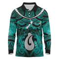 Personalised Maori Matariki Hei Matau Turquoise Long Sleeve Polo Shirt Maori Kowhaiwhai Pattern Galaxy