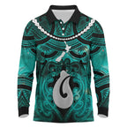 Personalised Maori Matariki Hei Matau Turquoise Long Sleeve Polo Shirt Maori Kowhaiwhai Pattern Galaxy