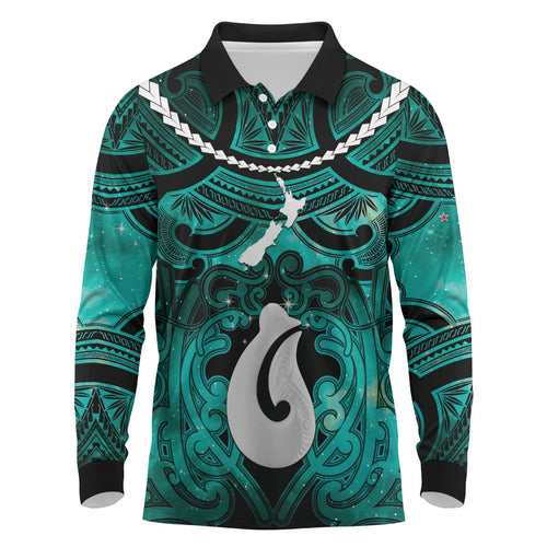 Personalised Maori Matariki Hei Matau Turquoise Long Sleeve Polo Shirt Maori Kowhaiwhai Pattern Galaxy