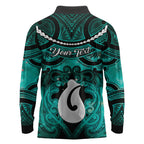 Personalised Maori Matariki Hei Matau Turquoise Long Sleeve Polo Shirt Maori Kowhaiwhai Pattern Galaxy