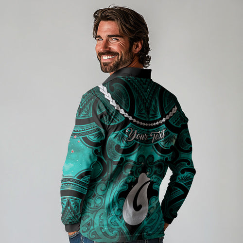 Personalised Maori Matariki Hei Matau Turquoise Long Sleeve Polo Shirt Maori Kowhaiwhai Pattern Galaxy