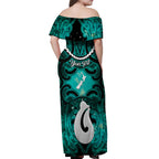 Personalised Maori Matariki Hei Matau Turquoise Off Shoulder Maxi Dress Maori Kowhaiwhai Pattern Galaxy