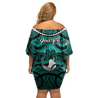 Personalised Maori Matariki Hei Matau Turquoise Off Shoulder Short Dress Maori Kowhaiwhai Pattern Galaxy