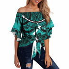 Personalised Maori Matariki Hei Matau Turquoise Off Shoulder Wrap Waist Top Maori Kowhaiwhai Pattern Galaxy