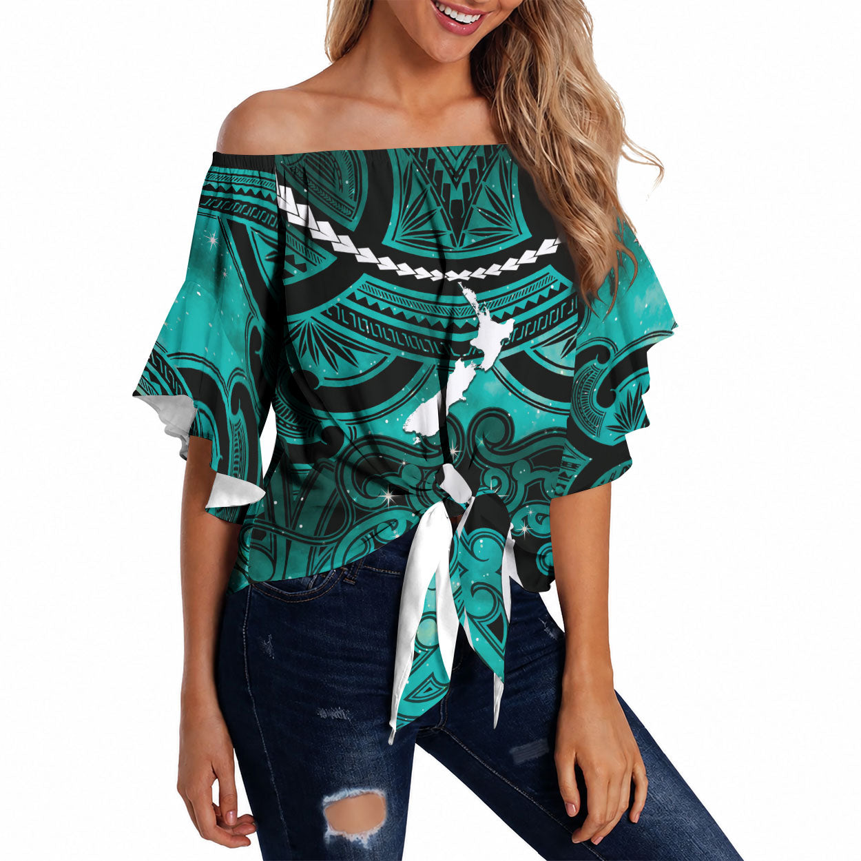 Personalised Maori Matariki Hei Matau Turquoise Off Shoulder Wrap Waist Top Maori Kowhaiwhai Pattern Galaxy