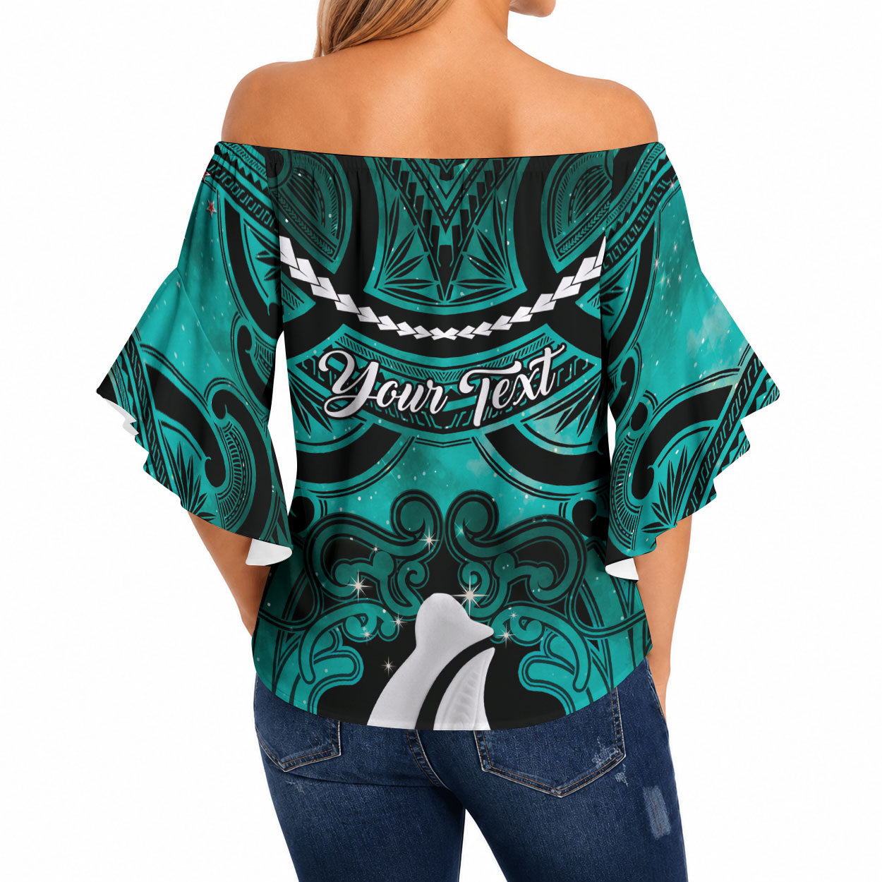 Personalised Maori Matariki Hei Matau Turquoise Off Shoulder Wrap Waist Top Maori Kowhaiwhai Pattern Galaxy