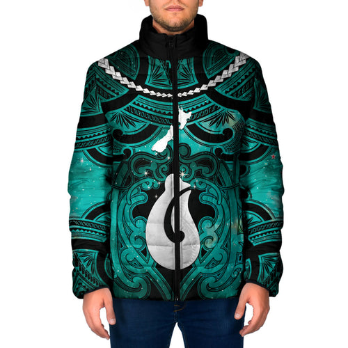 Personalised Maori Matariki Hei Matau Turquoise Padded Jacket Maori Kowhaiwhai Pattern Galaxy