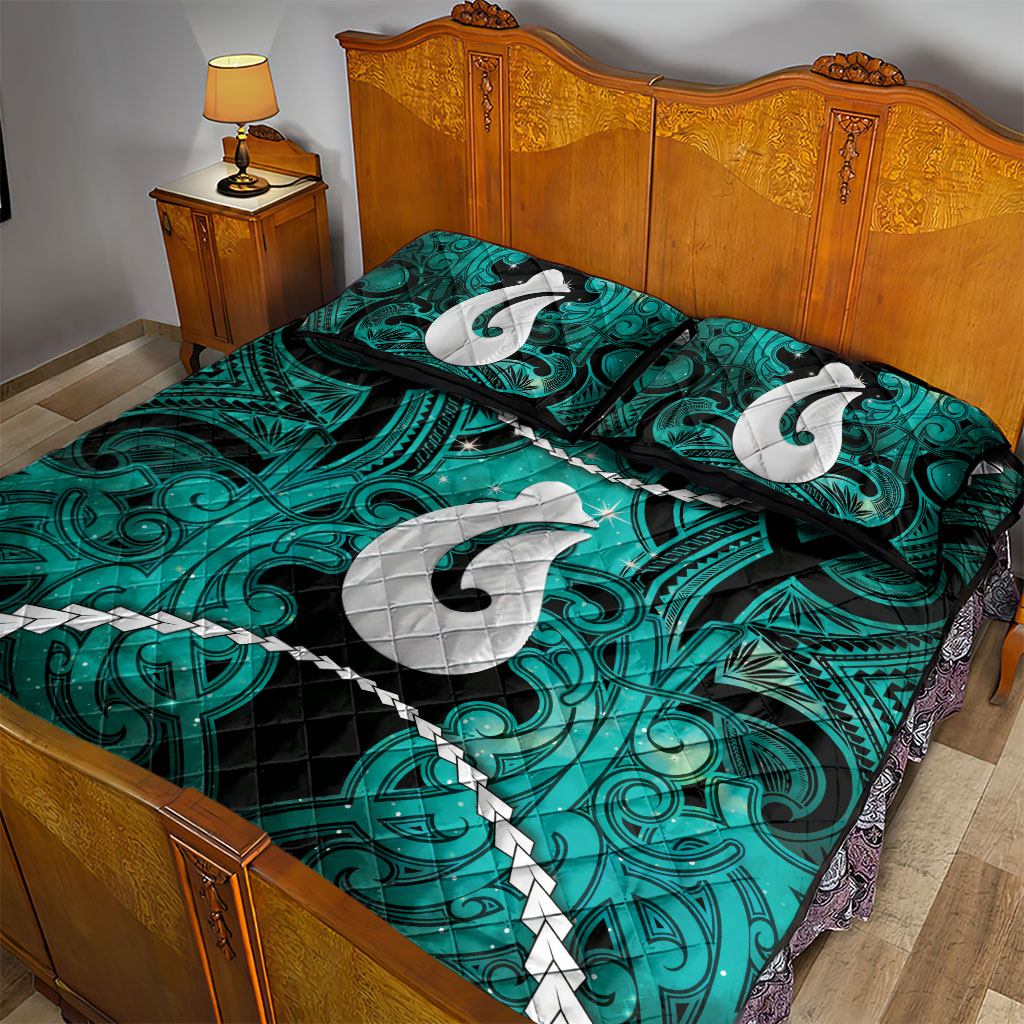 Maori Matariki Hei Matau Turquoise Quilt Bed Set Maori Kowhaiwhai Pattern Galaxy