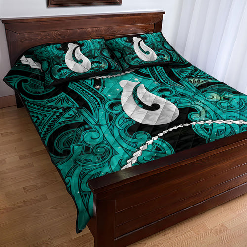 Maori Matariki Hei Matau Turquoise Quilt Bed Set Maori Kowhaiwhai Pattern Galaxy