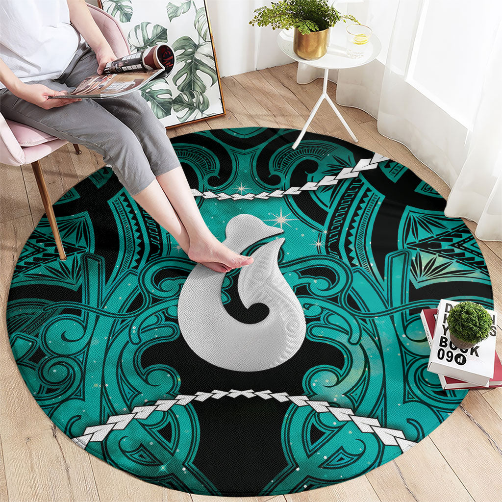 Maori Matariki Hei Matau Turquoise Round Carpet Maori Kowhaiwhai Pattern Galaxy