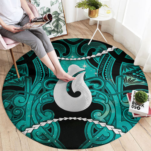 Maori Matariki Hei Matau Turquoise Round Carpet Maori Kowhaiwhai Pattern Galaxy