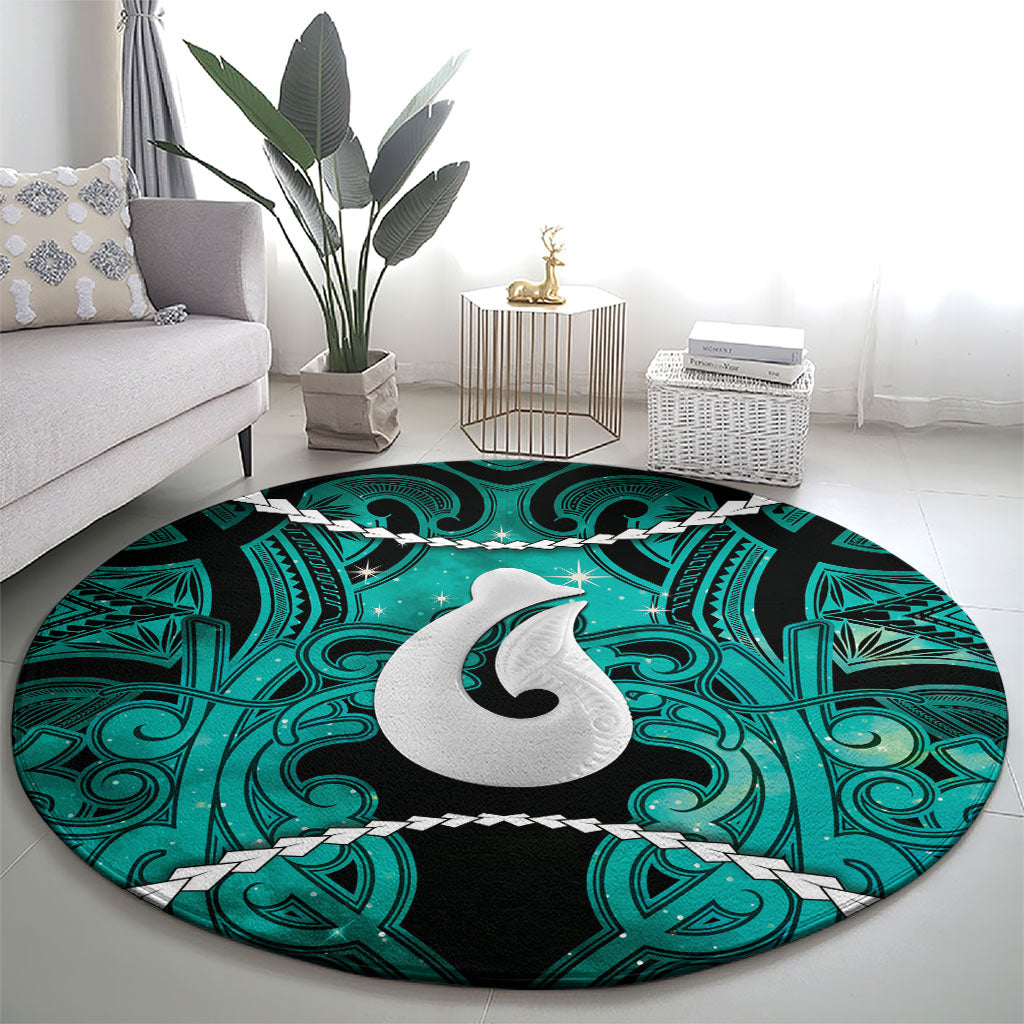 Maori Matariki Hei Matau Turquoise Round Carpet Maori Kowhaiwhai Pattern Galaxy