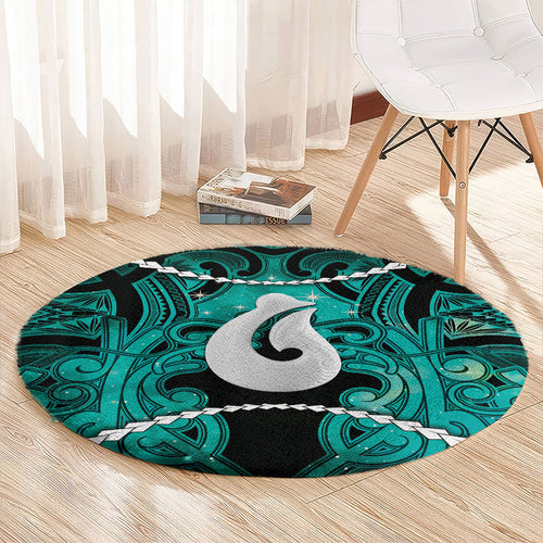 Maori Matariki Hei Matau Turquoise Round Carpet Maori Kowhaiwhai Pattern Galaxy