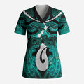 Personalised Maori Matariki Hei Matau Turquoise Scrub Top Maori Kowhaiwhai Pattern Galaxy