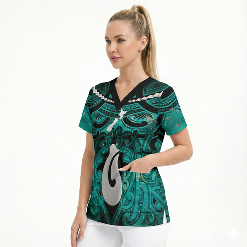 Personalised Maori Matariki Hei Matau Turquoise Scrub Top Maori Kowhaiwhai Pattern Galaxy