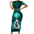 Personalised Maori Matariki Hei Matau Turquoise Short Sleeve Bodycon Dress Maori Kowhaiwhai Pattern Galaxy