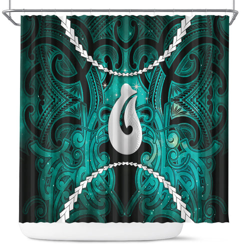 Maori Matariki Hei Matau Turquoise Shower Curtain Maori Kowhaiwhai Pattern Galaxy