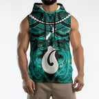 Personalised Maori Matariki Hei Matau Turquoise Sleeveless Hoodie Maori Kowhaiwhai Pattern Galaxy