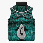 Personalised Maori Matariki Hei Matau Turquoise Sleeveless Puffer Jacket Maori Kowhaiwhai Pattern Galaxy