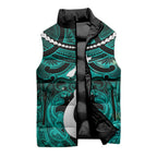 Personalised Maori Matariki Hei Matau Turquoise Sleeveless Puffer Jacket Maori Kowhaiwhai Pattern Galaxy
