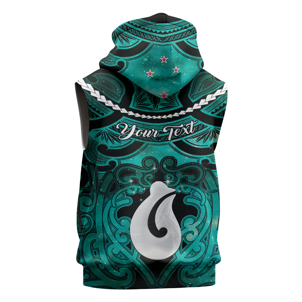Personalised Maori Matariki Hei Matau Turquoise Sleeveless Zip Hoodie Maori Kowhaiwhai Pattern Galaxy