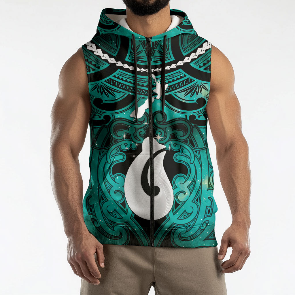 Personalised Maori Matariki Hei Matau Turquoise Sleeveless Zip Hoodie Maori Kowhaiwhai Pattern Galaxy