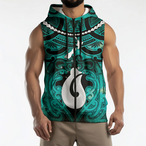 Personalised Maori Matariki Hei Matau Turquoise Sleeveless Zip Hoodie Maori Kowhaiwhai Pattern Galaxy