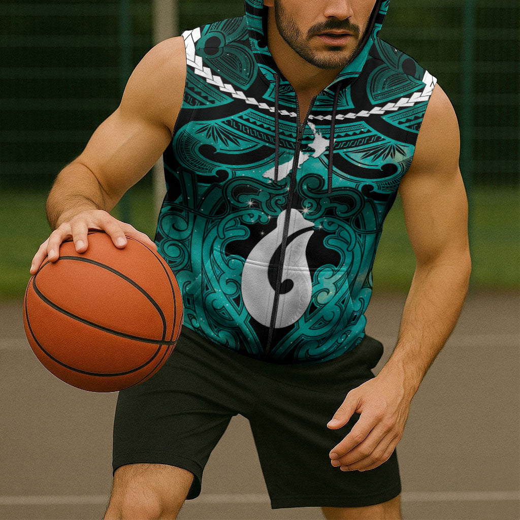 Personalised Maori Matariki Hei Matau Turquoise Sleeveless Zip Hoodie Maori Kowhaiwhai Pattern Galaxy