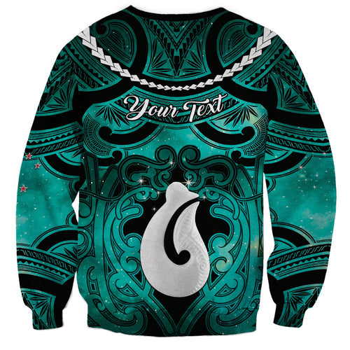 Personalised Maori Matariki Hei Matau Turquoise Sweatshirt Maori Kowhaiwhai Pattern Galaxy