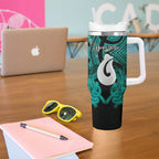 Personalised Maori Matariki Hei Matau Turquoise Tumbler With Handle Maori Kowhaiwhai Pattern Galaxy