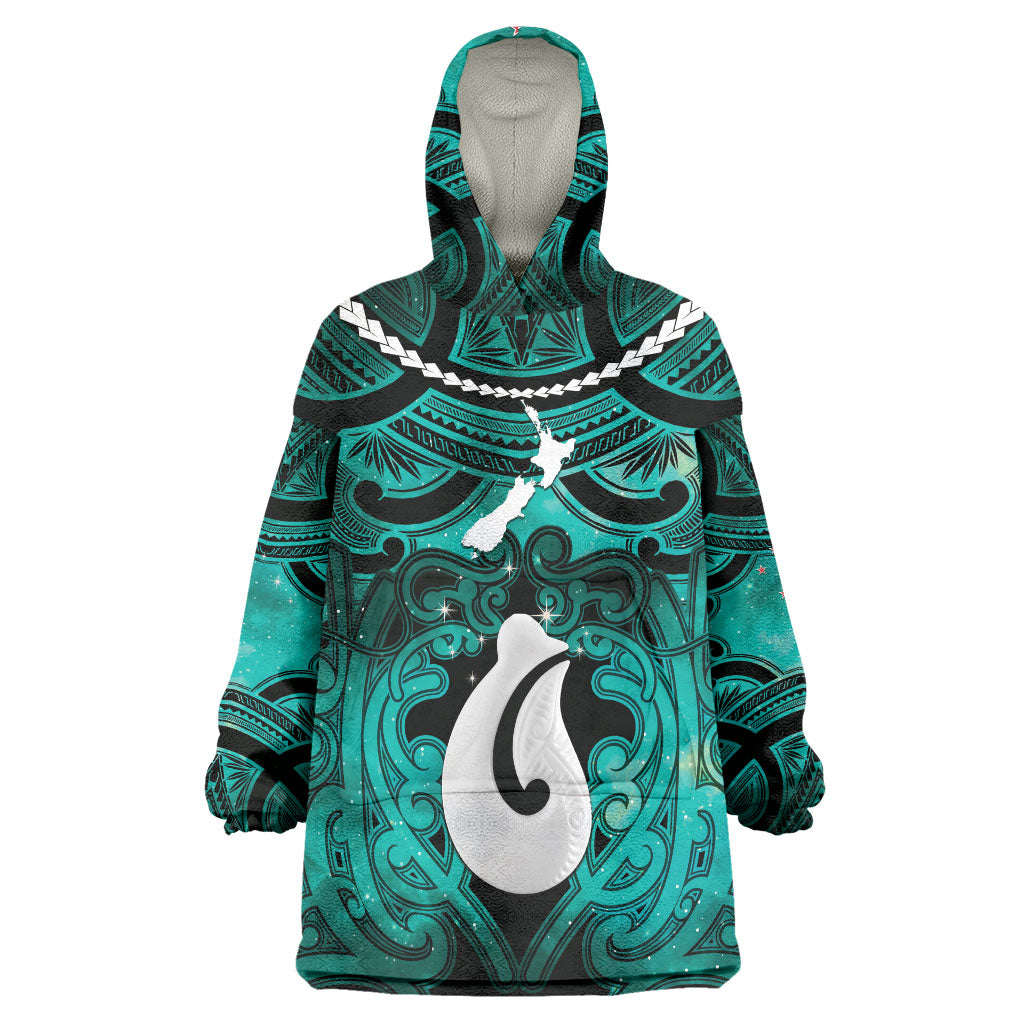 Personalised Maori Matariki Hei Matau Turquoise Wearable Blanket Hoodie Maori Kowhaiwhai Pattern Galaxy