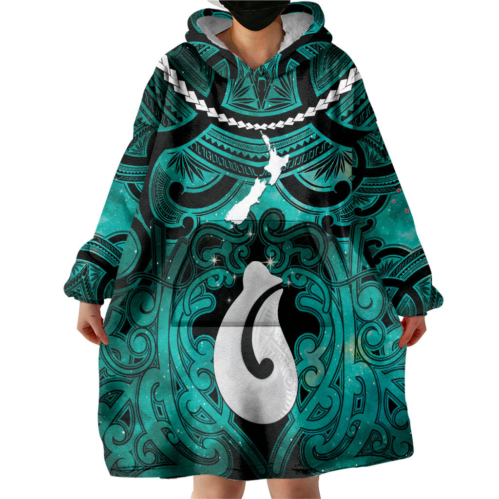 Personalised Maori Matariki Hei Matau Turquoise Wearable Blanket Hoodie Maori Kowhaiwhai Pattern Galaxy