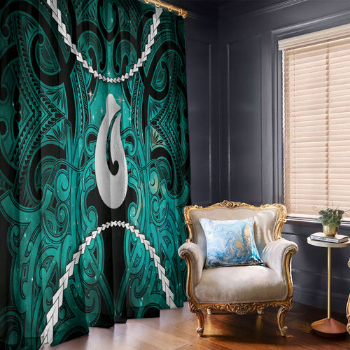 Maori Matariki Hei Matau Turquoise Window Curtain Maori Kowhaiwhai Pattern Galaxy