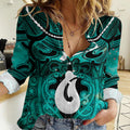 Personalised Maori Matariki Hei Matau Turquoise Women Casual Shirt Maori Kowhaiwhai Pattern Galaxy